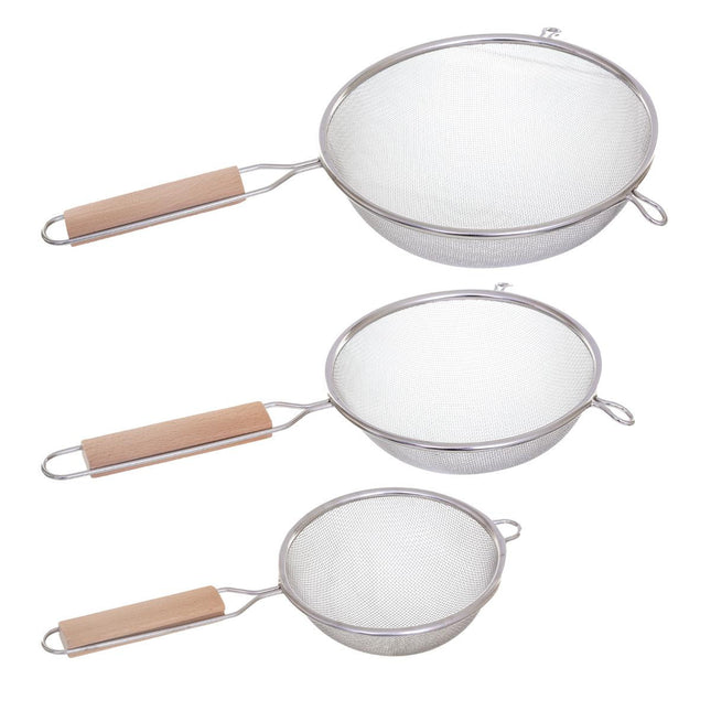 Colador inox set de 3 con mango de madera - 103502