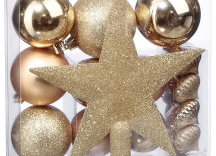 Kit navideño de 18 piezas surtidas Bolas y Escudo, dorada - 113044OR
