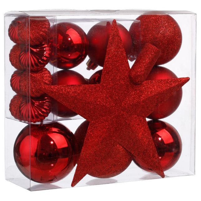 Kit navideño de 18 piezas surtidas Bolas Rojas y Escudo - 113044RD