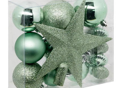 Kit navideño de 18 piezas surtidas Bolas y Escudo, verde almendra - 113044VN