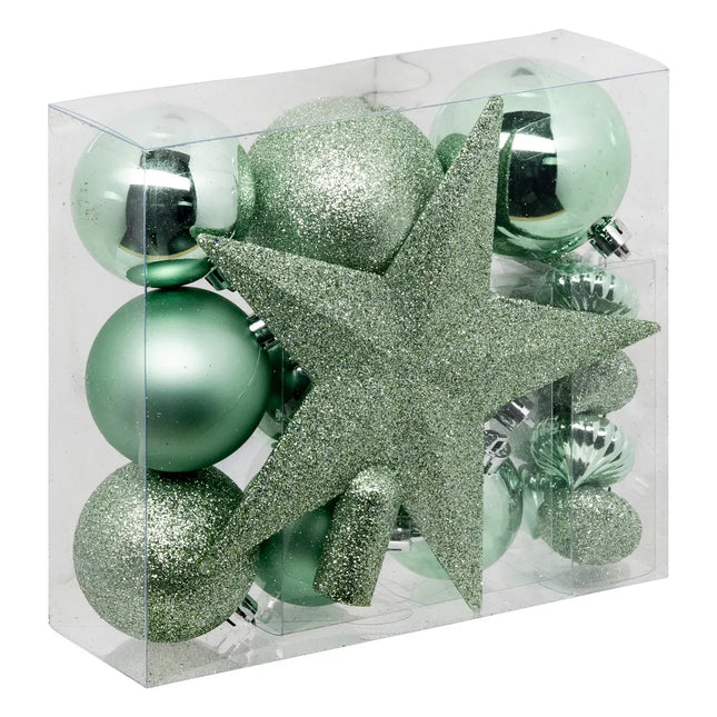 Kit navideño de 18 piezas surtidas Bolas y Escudo, verde almendra - 113044VN