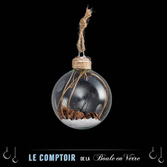 Bola navideña interior de cristal de 6cm con rama y piña - 128117D