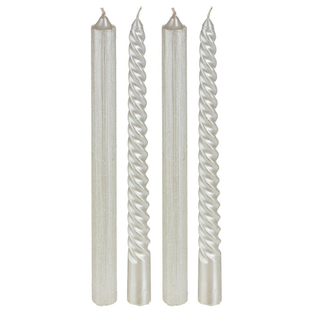 Juego de 4 velas con purpurina y varillas retorcidas H25 blanco - 129849BL