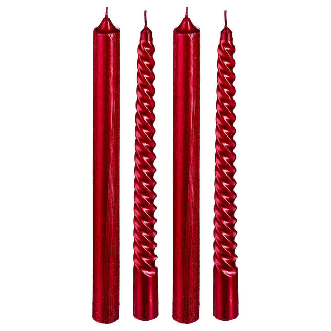Juego de 4 velas con purpurina y varillas retorcidas H25 rojo - 129849RG