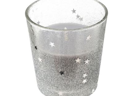 Vela en portavelas de cristal estrellas y purpurina 90gr plateado - 143691AR
