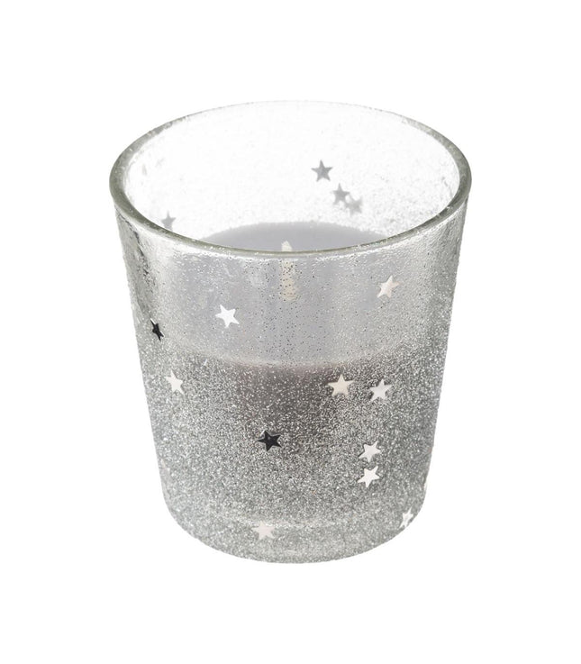 Vela en portavelas de cristal estrellas y purpurina 90gr plateado - 143691AR