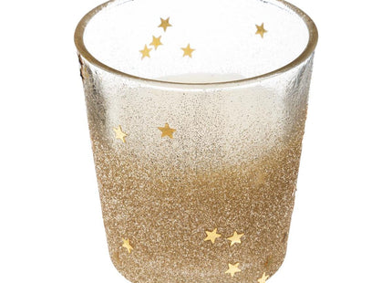Vela en portavelas de cristal estrellas y purpurina 90gr dorado - 143691OR