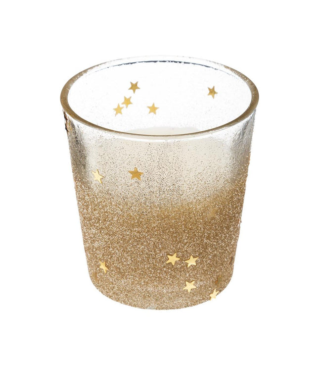 Vela en portavelas de cristal estrellas y purpurina 90gr dorado - 143691OR