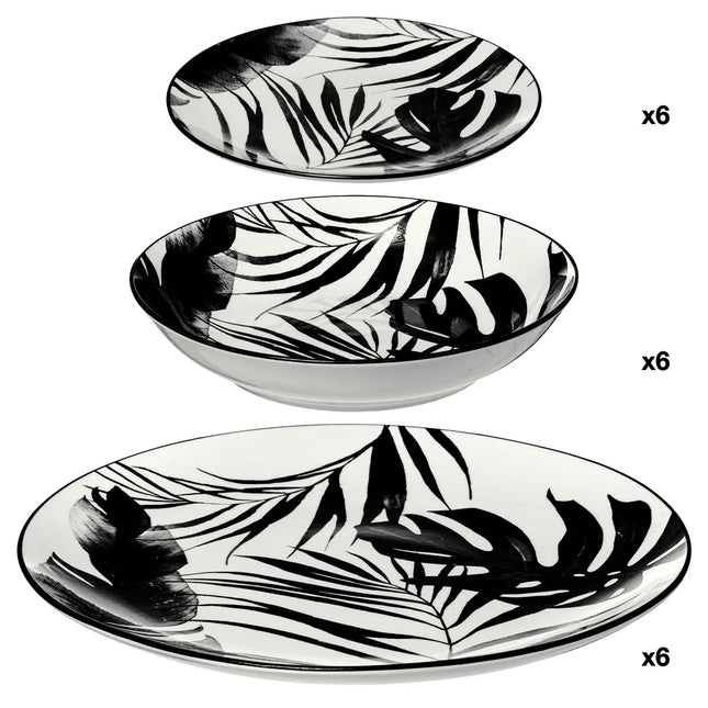 Set de platos de porcelana "Palme" blanco y negro de 18 piezas - 154822A