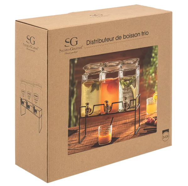 Set de 3 dispensadores de cristal 1,5L con soporte negro - 154873