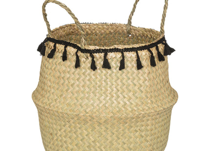 Cesta plegable en junco y pompones negros - 157095A