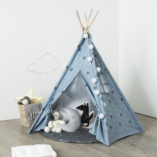 Carpa India A160cm "Tipi" de 5 pies estrellas azul jeans y plateadas - 158563B