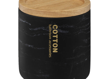 Pote de algodón con aspecto de mármol negro y tapa de bambú "Léa" - 160938B