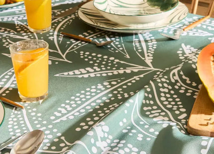 Mantel "Tropical" de 240x140 cm, color verde oliva con estampado de hojas - 163930D3