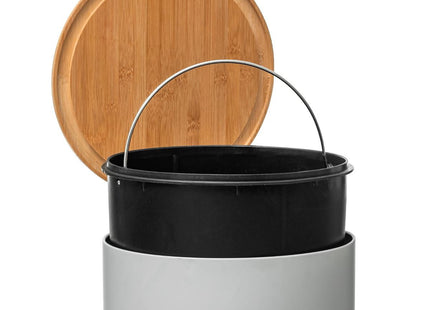 Basurero de 30 litros de metal blanco y tapa de bambú - 164646B