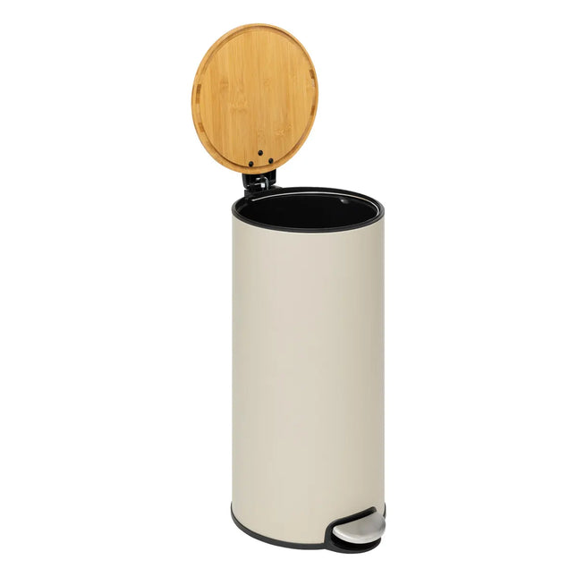 Basurero de 30 litros de metal beige y tapa de bambú - 164646I