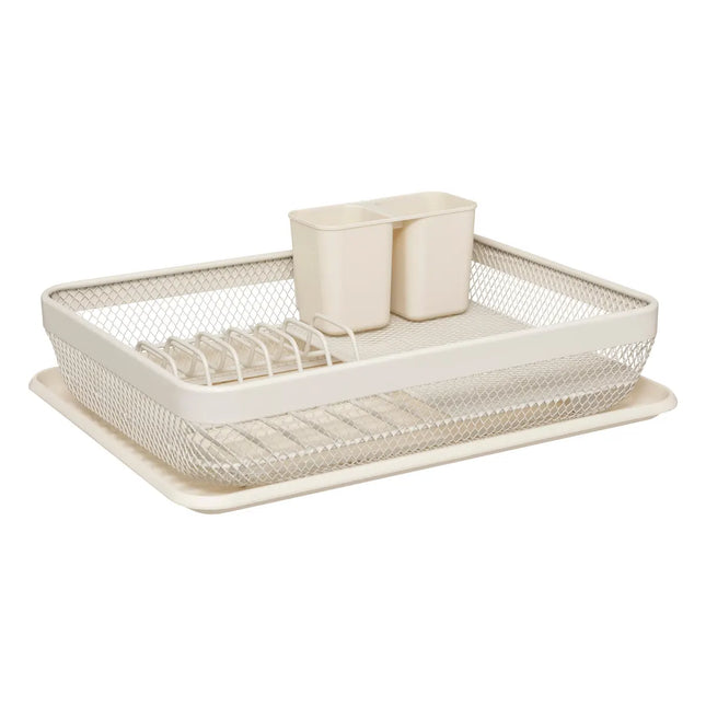 Escurreplatos de metal con bandeja y cubiertero beige "Mayaj" - 169225A