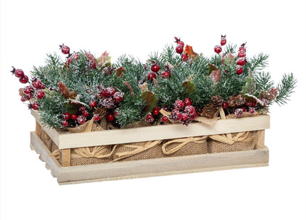 Arreglo navideño "Frutos rojos" y ramas verdes cubiertas de nieve macetas de yute - 169847