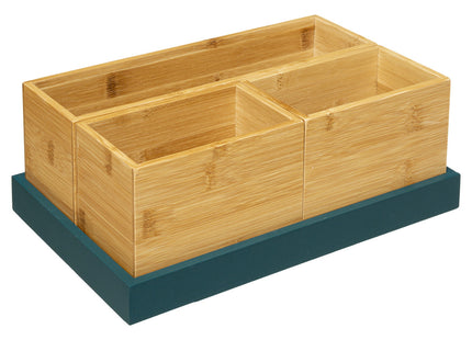 Set organizador 3 cajas bambú y 1 bandeja azul petróleo - 174680D