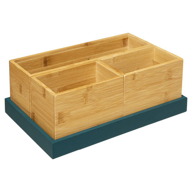 Set organizador 3 cajas bambú y 1 bandeja azul petróleo - 174680D