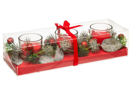 Centro de Mesa 3 Velas Rojas con decoración y follaje 180Gr - 176001