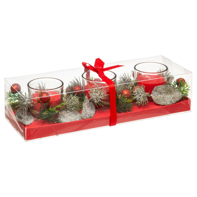 Centro de Mesa 3 Velas Rojas con decoración y follaje 180Gr - 176001