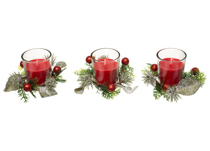 Centro de Mesa 3 Velas Rojas con decoración y follaje 180Gr - 176001