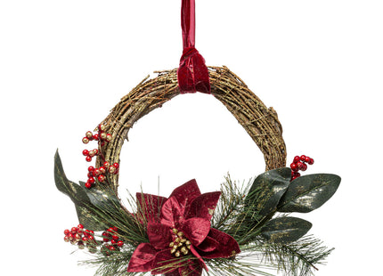 Corona decorada con flor de pascua en terciopelo burdeos, frutos rojos, ramas y cinta - 176857