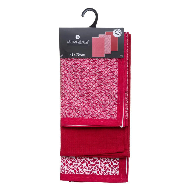 Juego de 3 paños de cocina de algodón rojo 45x70cm - 178554G