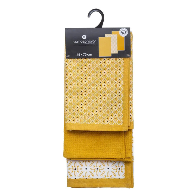 Juego de 3 paños de cocina de algodón amarillo mostaza 45x70cm - 178554R