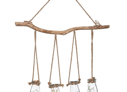Suspensión en Madera y Cuerda 4 Flores Secas en 4 Jarrones de Cristal - 179230