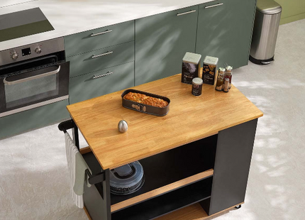 Isla de cocina con ruedas de madera en negro - 181804