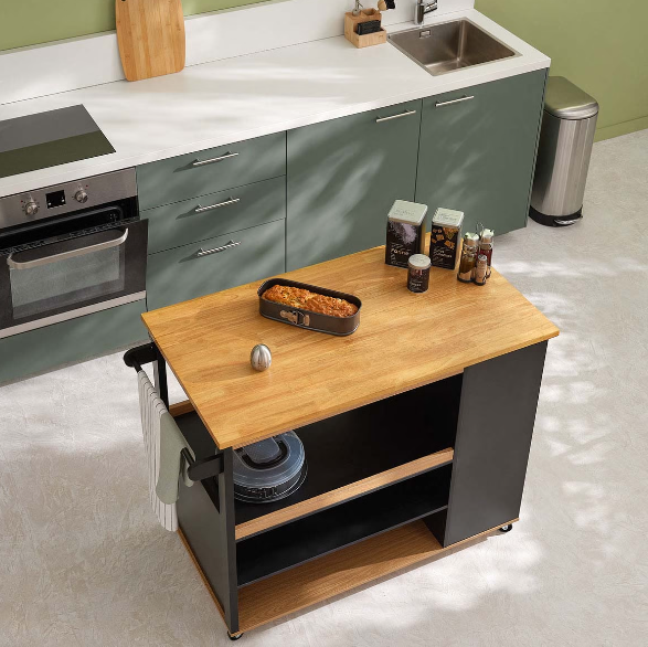Isla de cocina con ruedas de madera en negro - 181804