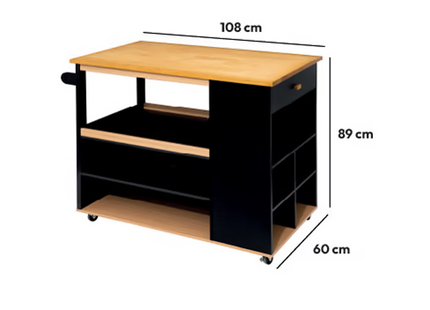 Isla de cocina con ruedas de madera en negro - 181804
