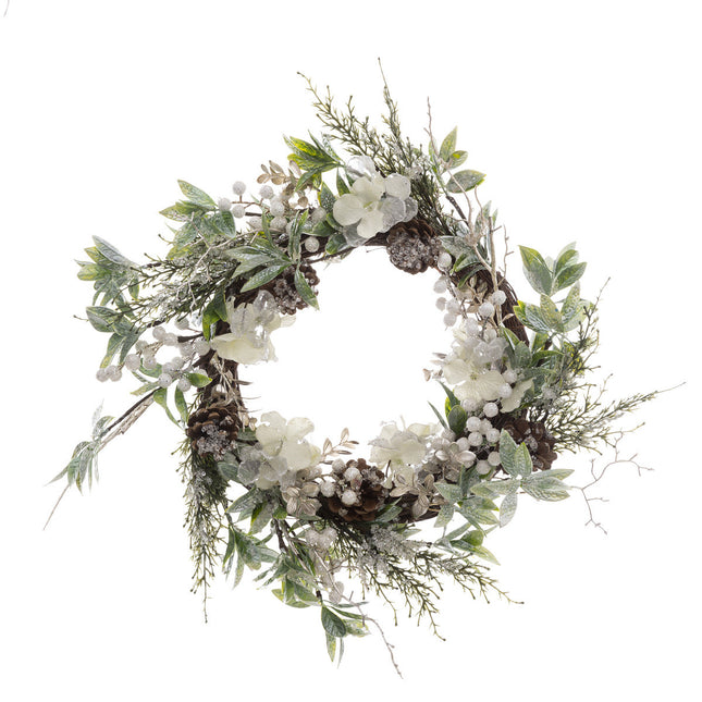 Gran corona de madera con ramas de flores decoradas y brillantes D50cm - 183889