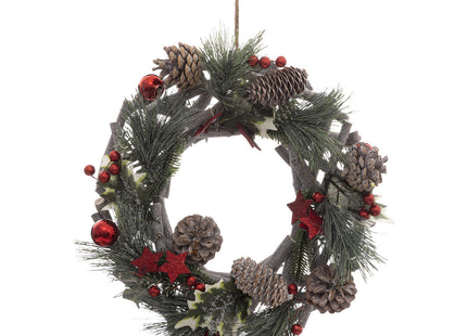 Corona de madera con ramas y decoración roja brillante D30cm -  183890