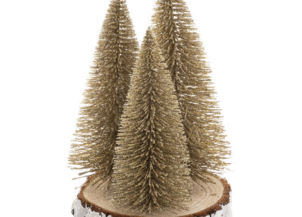 Centro de mesa 3 abetos dorados cubiertos de nieve sobre tronco D15 x A20cm - 183911