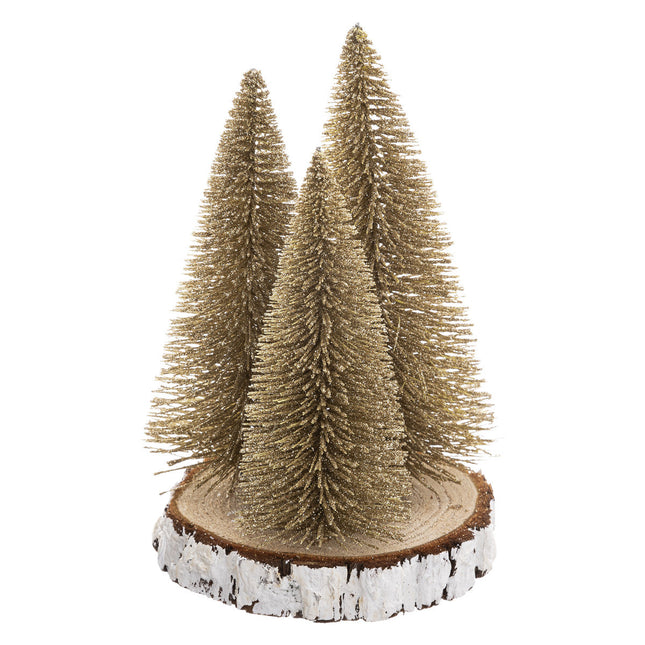 Centro de mesa 3 abetos dorados cubiertos de nieve sobre tronco D15 x A20cm - 183911