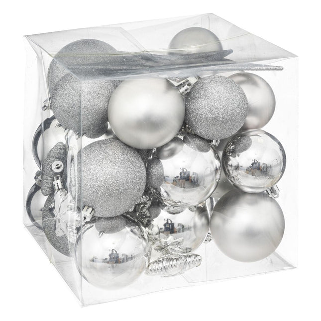 Kit navideño de 35 piezas Bola, Copo de Nieve y Escudo color plata - 184168