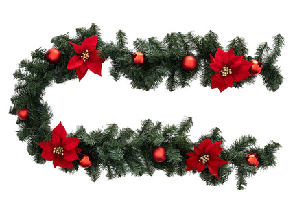 Guirnalda navideña con flores de Pascua rojas y bolas rojas L2m - 184218
