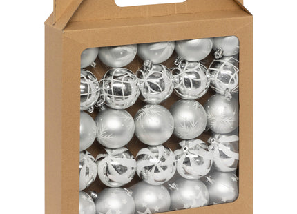 Juego de 25 bolas navideñas D6cm estampado blanco y plateado - 184658