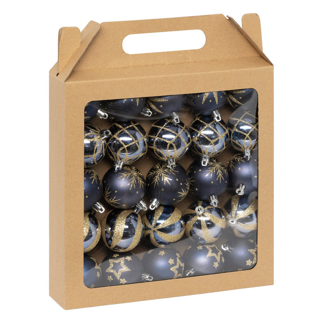 Juego de 25 bolas navideñas D6cm estampado azul y dorado - 184659