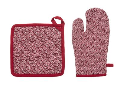 Guante y agarrador "Olia" de algodón rojo estampado - 185261G