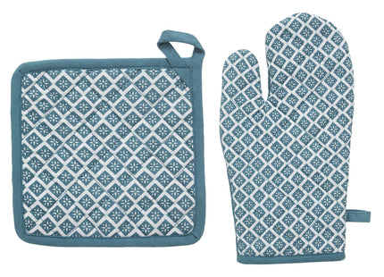 Guante y agarrador "Olia" de algodón azul estampado - 185261Q