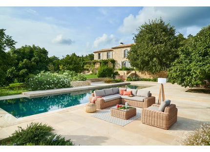 Sofá de ángulo + mesa de centro de jardín rectangular "Savinia tahini" 126x64x33cm - 186713A