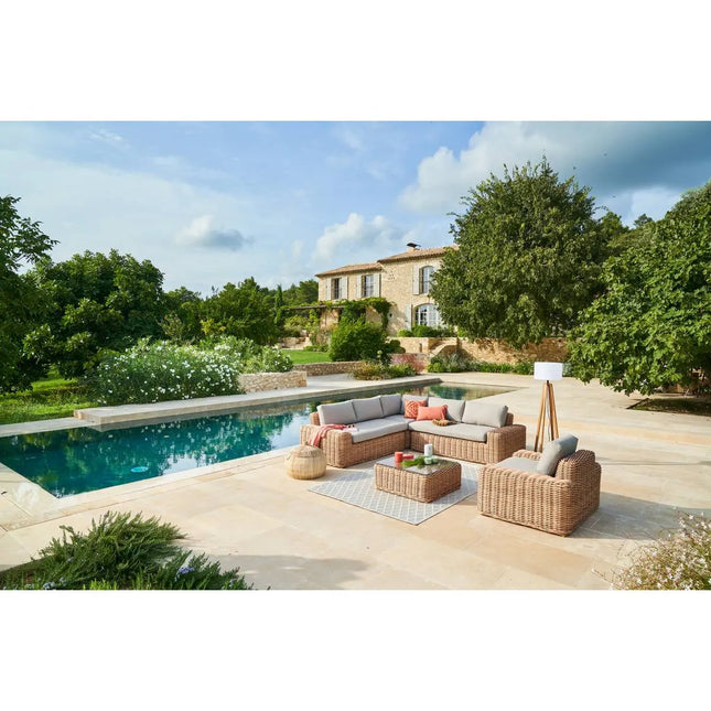 Sofá de ángulo + mesa de centro de jardín rectangular "Savinia tahini" 126x64x33cm - 186713A