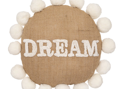 Almohada redondo DREAM de yute y algodón con pompones D30cm - 188261