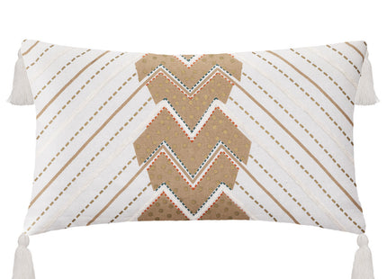 Funda de almohada de algodón Ocre y Blanco con motivo "Grafik" y pompones 30x50cm - 188533K