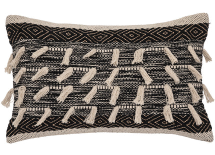 Almohada de algodón negro y lino beige con pompones 38x58cm - 188548