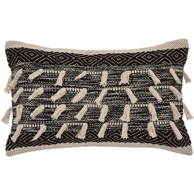 Almohada de algodón negro y lino beige con pompones 38x58cm - 188548